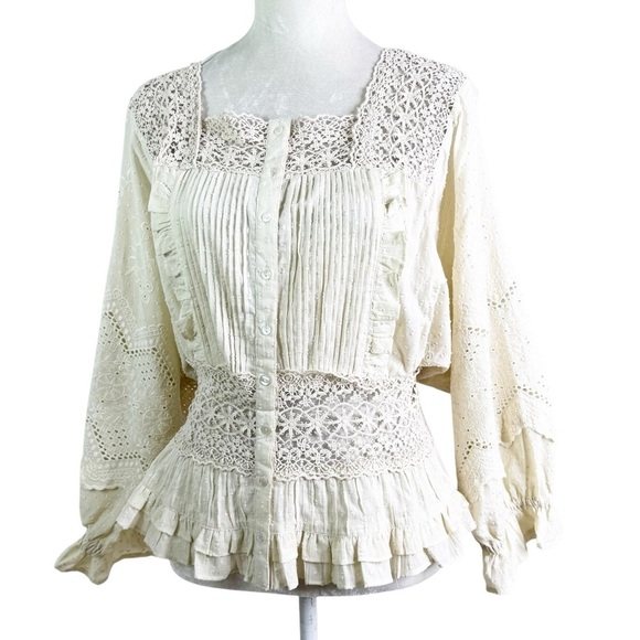 NWT Anthropologie Love Sam Boho Cotton Lace Peplum Full Sleeve Top Ecru Size S - Picture 15 of 16